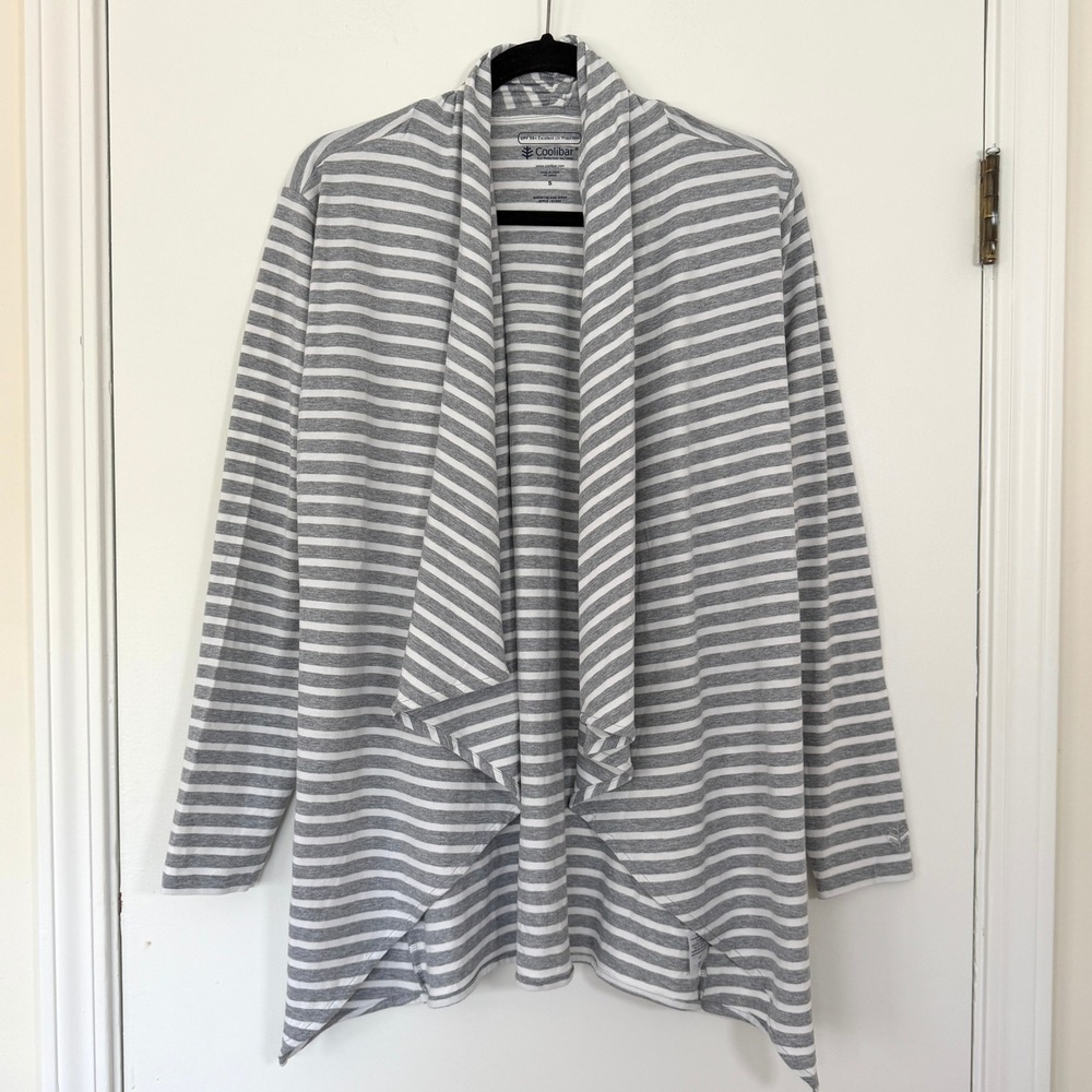 Coolibar NWT Womens Marietas Sun Wrap UPF 50+ Striped Cardigan Grey White Small - Picture 2 of 12